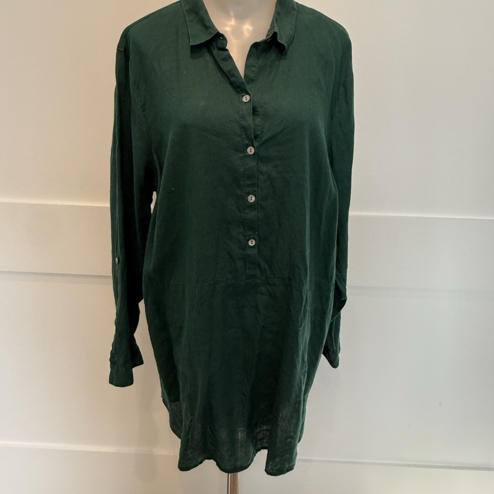J JILL Love Linen Button Tunic/Shirt Green Roll Tab Sleeve V Neck Womens Size LG